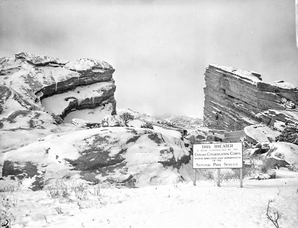 Photo of Red Rocks Amphitheater in winter under construction.