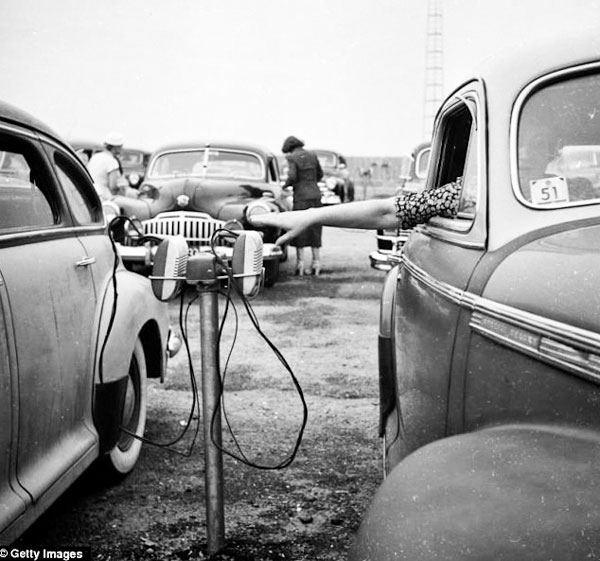 Photo of vintage car speakers at drive-in theater