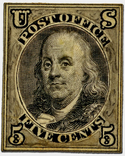 Picture of The first U.S. postage stamp honoring Benjamin Franklin 