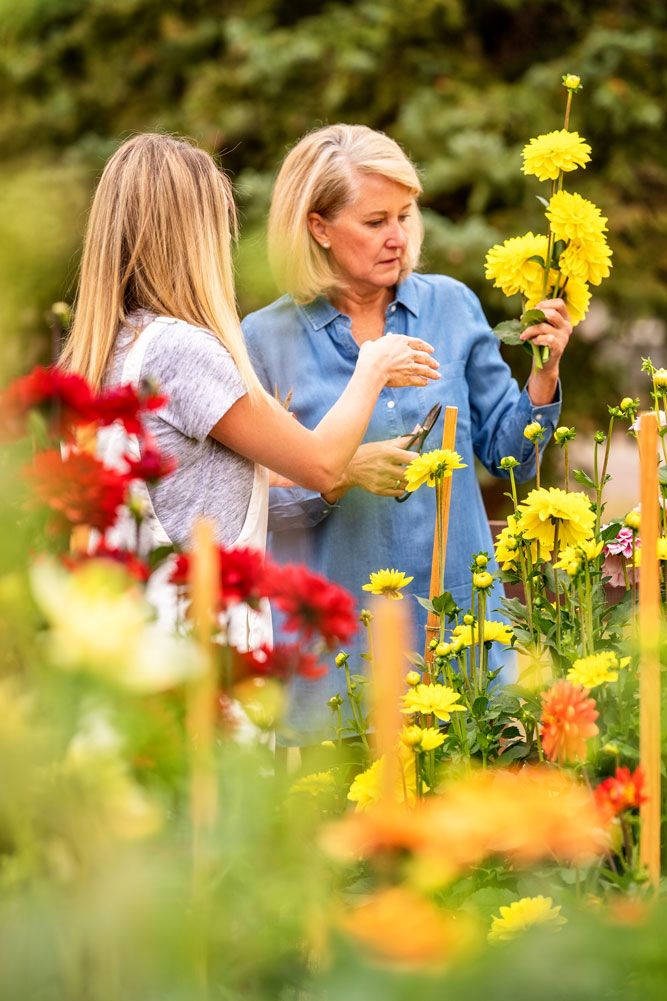 Photo of Amy Dismuke and her daughter Ann inspecting flowers.