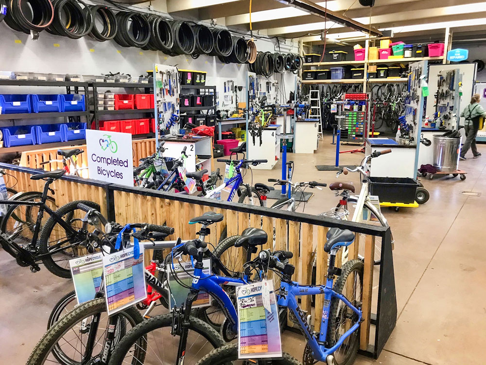 Photo of the inside of Hope Cycle and refurbished bikes