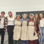 Photo of The Amish Project cast, left to right: Emily Johnson (director), Braden McCollam (Edward Stuckey), Alexis Murphy (Carol Stuckey), Jeriann Villegas (Anna), Gwen Riddoch (Mary), Savannah Ryan (Velda), Anna Benevento (America),