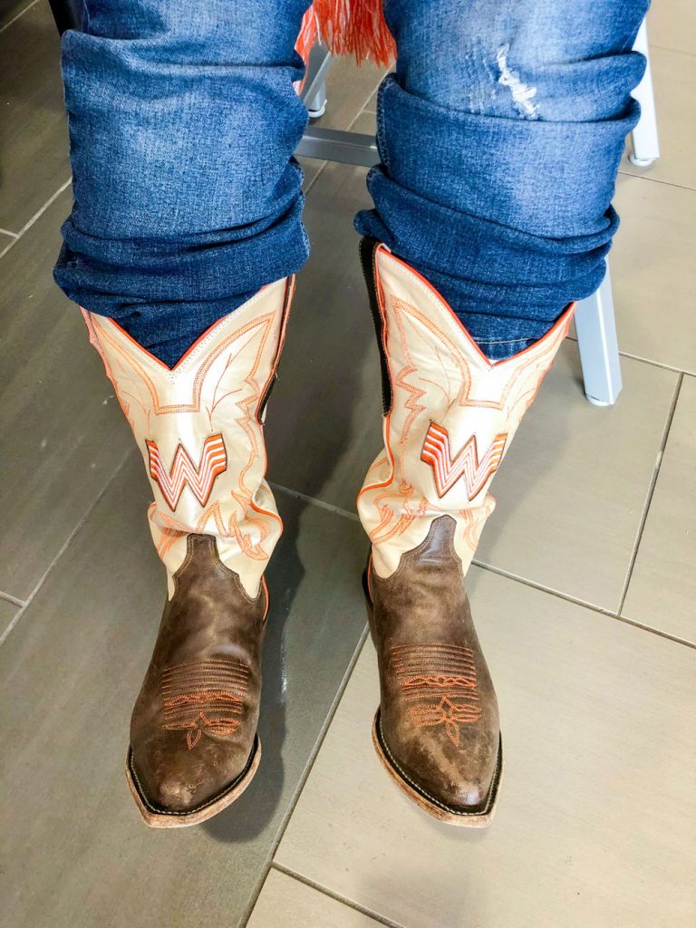 Photo of custom Whataburger-embroidered cowboy boots 