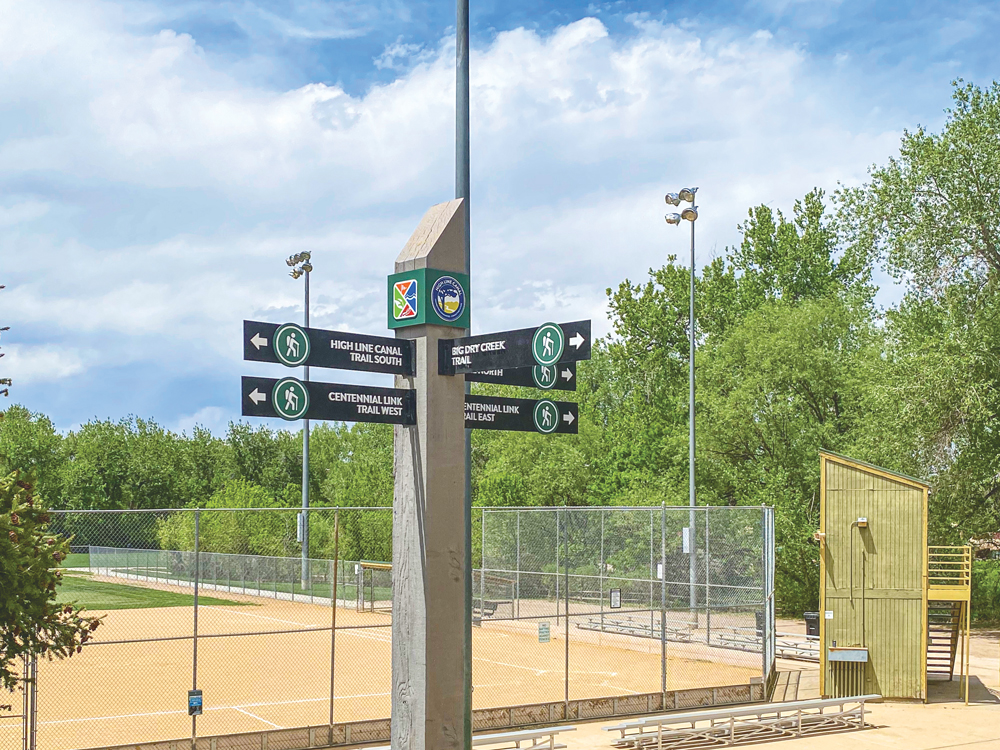 A trail sign showing the intersection of High Line Canal Trail, Centennial Link Trail, and Big Cry Creek Trail in deKoevend Park in Centennial.