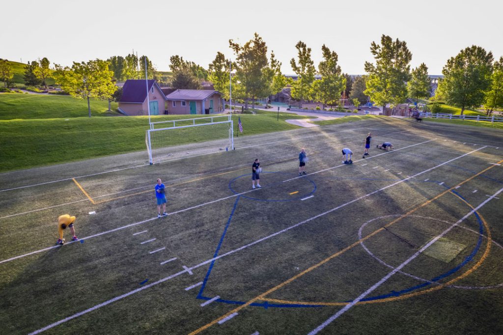 aerial view of men working out outside