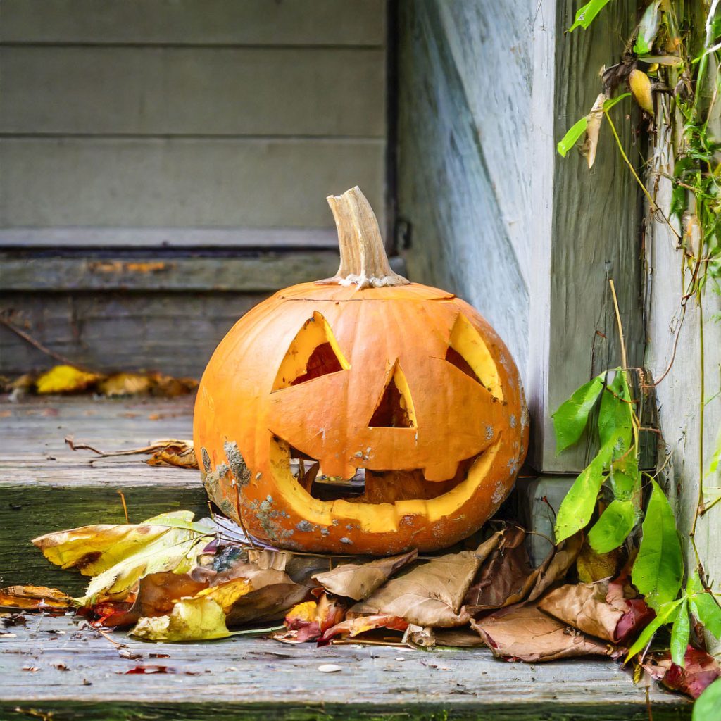 jack o lantern sitting in leaves