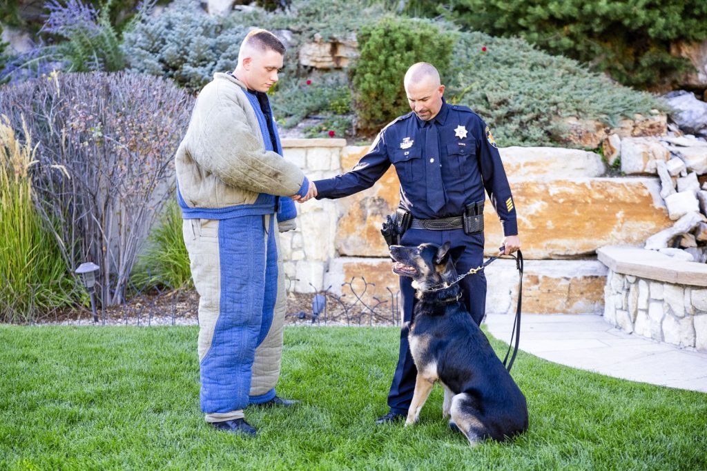 two men and a dog stand outside