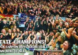 The Rock Canyon High School boys varsity basketball team, poms, cheerleaders and student section celebrating the state championship victory on March 15. 