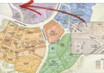 The map, courtesy of North Canyons Development Company, is conceptual in nature and may change over time, and the layout and design of the area in the illustration have not been submitted to the City for approval. Inset graphic: The realignment of the existing S. Havana Street several hundred feet to the east.