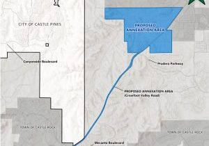 The blue portion of the map, called Crowsnest, is approximately 795-acres in unincorporated Douglas County adjacent to and including portions of Crowfoot Valley Road east of The Canyons neighborhood.