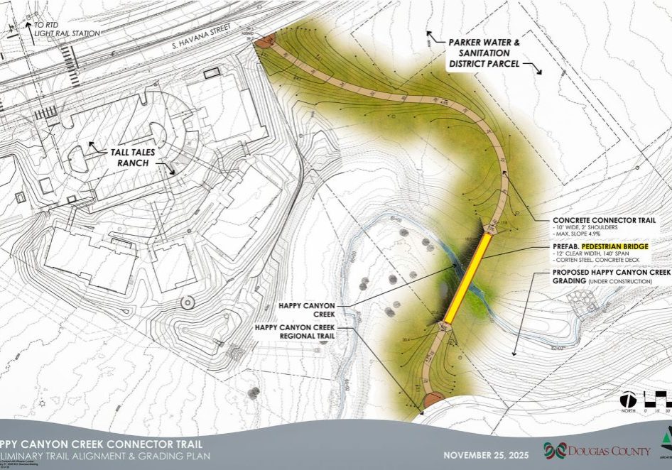 Rendering of a new connector trail and pedestrian bridge (highlighted in yellow) near Tall Tales Ranch, at RidgeGate Parkway and S. Havanna Street.

