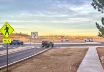 Evening traffic at the new roundabout at Monarch Boulevard and Buffalo Trail.