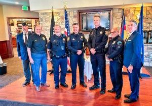 Dignitaries and honorees who attended the banquet included (above left to right): Dave Giboo, Post 1187 Commander; Richard Rodriquez, Post 1187 and DCSO Chaplain; DCSO Sergeant Paul Rogers; DCSO Sheriff Darren Weekly; DCSO Law Enforcement Officer of the Year Awardee, Deputy Trent Aronson; CRPD Law Enforcement Officer of the Year awardee, Officer Adrian Mendez; and Castle Rock Town Councilman Tim Dietz.