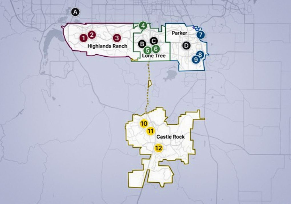This service area map highlights 12 popular Link on demand destinations across Castle Rock, Lone Tree, Highlands Ranch, and select areas of Parker.