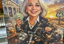Lori Taggert proudly displays this AI-generated caricature created by her partner, Doug Barnes.