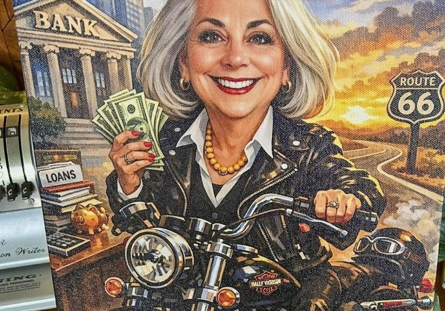 Lori Taggert proudly displays this AI-generated caricature created by her partner, Doug Barnes.