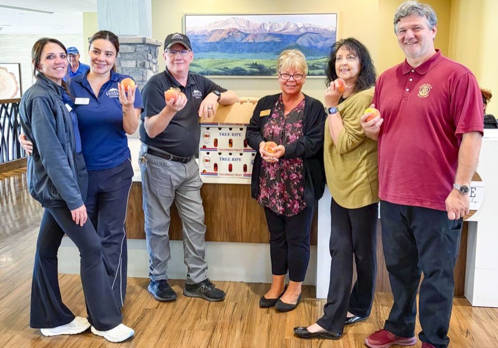 The staff of Legacy Village of Castle Pines and Rotary Club of Castle Pines members gather during the Palisade peach delivery. From left: Kelly Dupuis, Monica Franco, Matt Agnew, Stephanie Magdziasz, Cindy Burbach and Ivan Kalatov. 