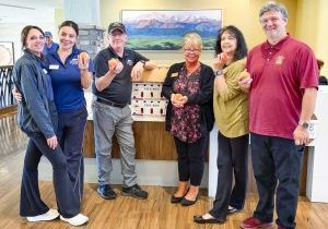 The staff of Legacy Village of Castle Pines and Rotary Club of Castle Pines members gather during the Palisade peach delivery. From left: Kelly Dupuis, Monica Franco, Matt Agnew, Stephanie Magdziasz, Cindy Burbach and Ivan Kalatov. 