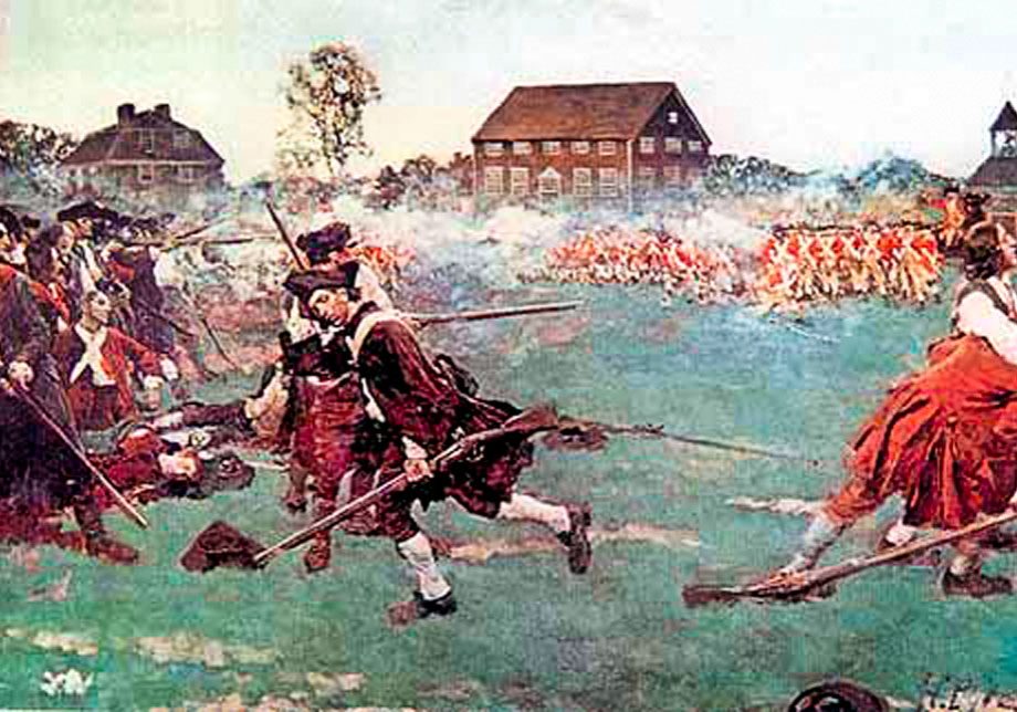 The Battle at Lexington Commons was the first military engagement of the American Revolutionary War. On April 19, 1775, colonial militia and British troops faced off, which later became known as “the shot heard ‘round the world.” This painting by Howard Pyle is titled  “Fight on the Lexington Commons.”