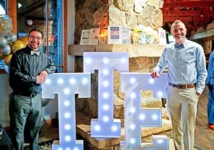 Assistant Principal Michael Cordova (left) with Principal Robert Thelen (x) proudly representing Timber Trail Elementary at Bids & Bubbles. 