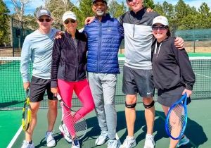 Pictured left to right: Michael Gersack, Sherry Wynne, Alex Wynne, John Cranston and Carol Lail. These 7.0 Red 2025 USTA Mixed Doubles 18+ players started the season for their team on April 6. (not pictured: Elean Gersack)